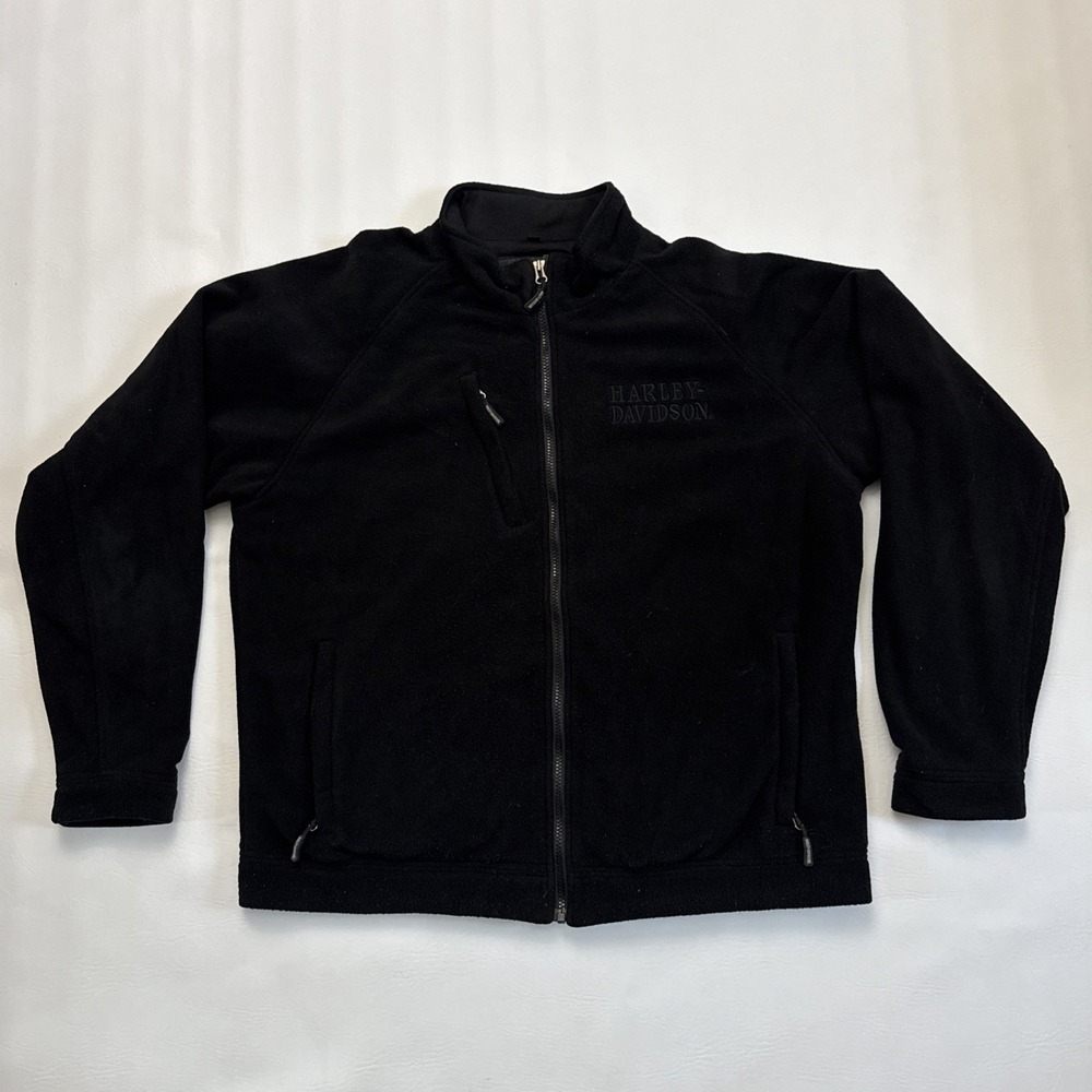 Harley Davidson Motorcycles Embroidered Skull Black‎ Fleece Zip up Jacket Y2K